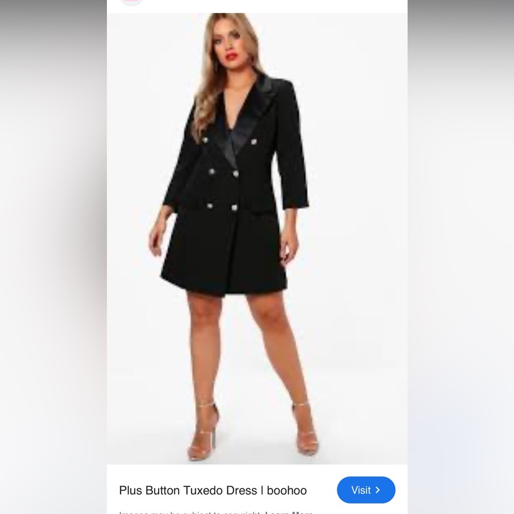 NWT Boohoo Plus Lauren Button Tuxedo Black Double-Breasted Blazer Dress 16